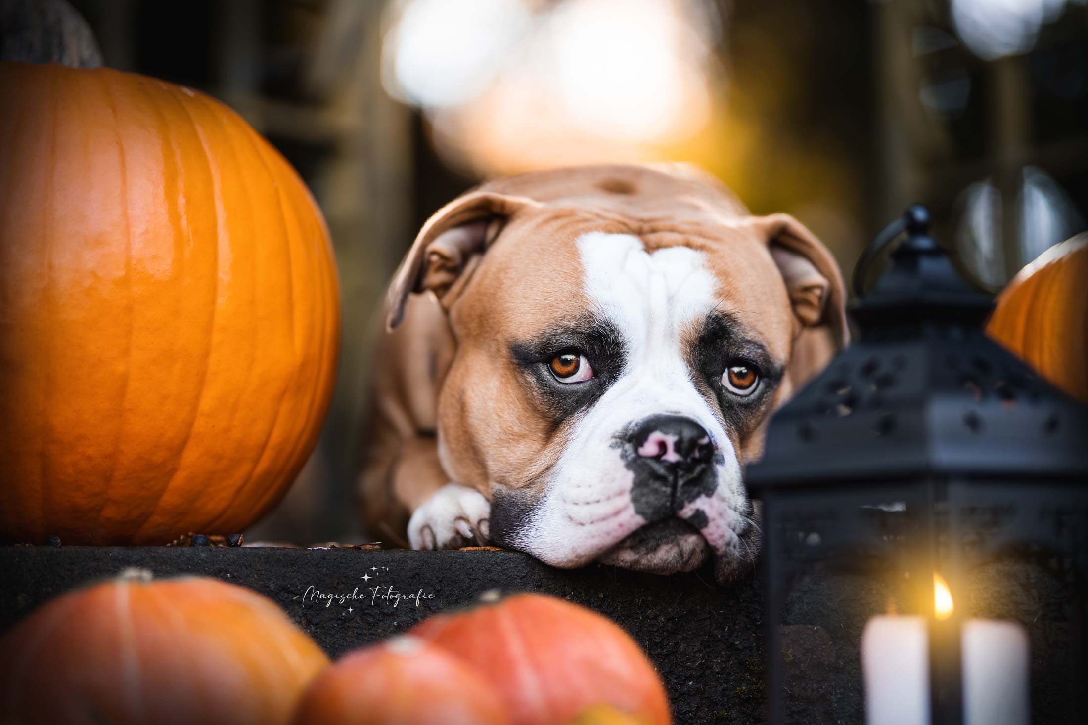 Herbstliche Hundefotografie von einem Boxer zwischen Kürbissen